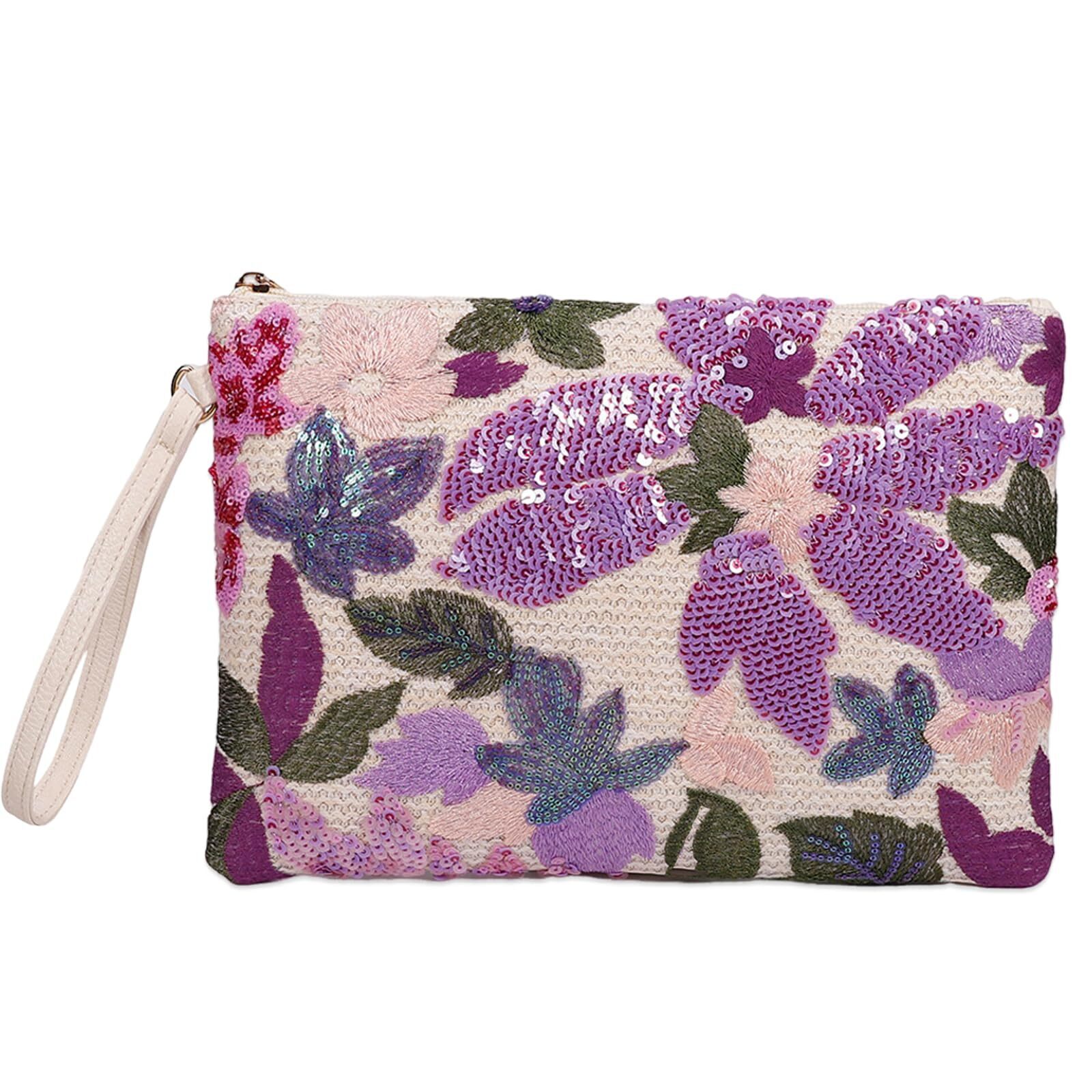 1216 Clutch Purses , Embroidered Floral Clutch Bag With Leather Wrist Strap